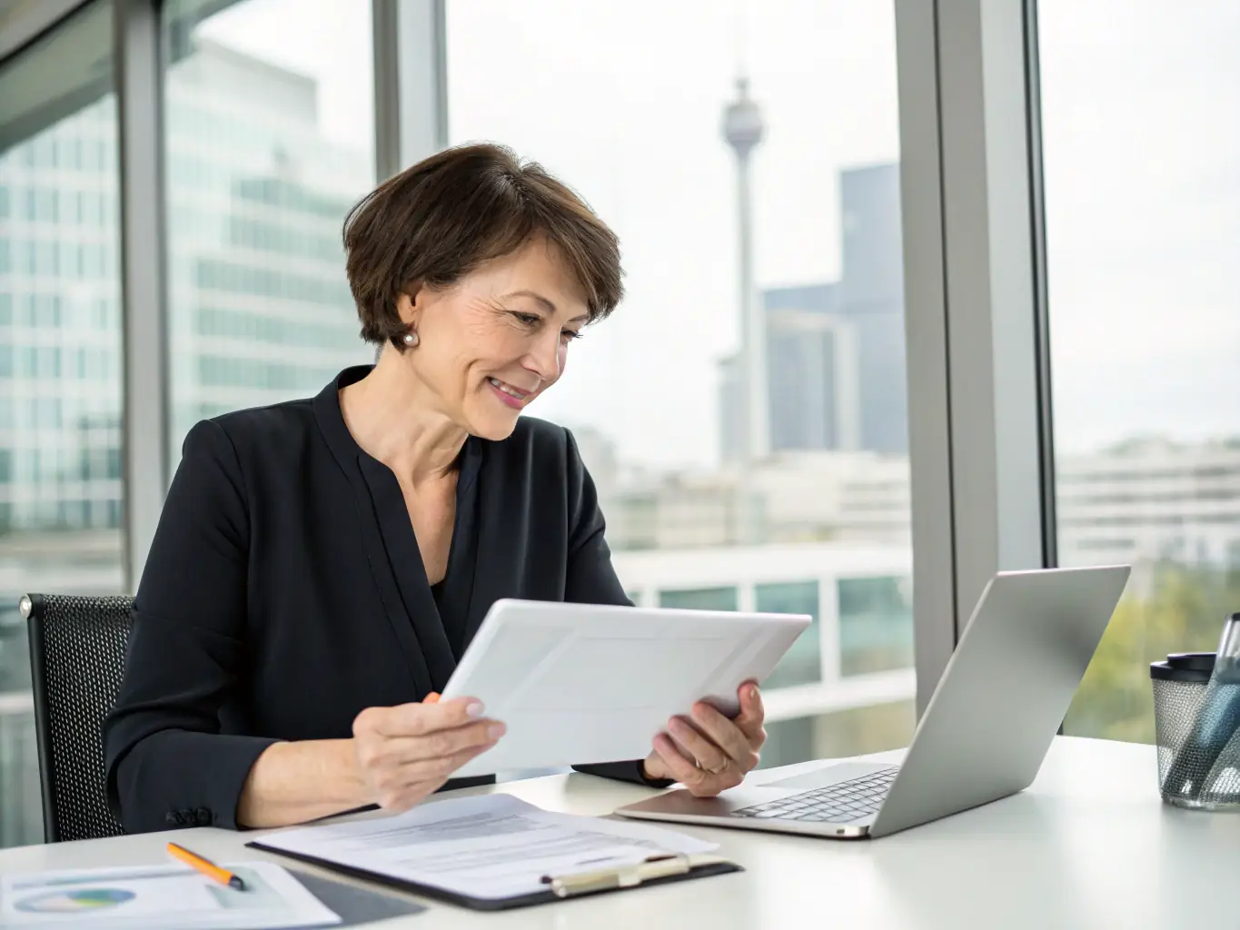 A small business owner reviewing financial documents at a desk, with a laptop displaying a budgeting template.
